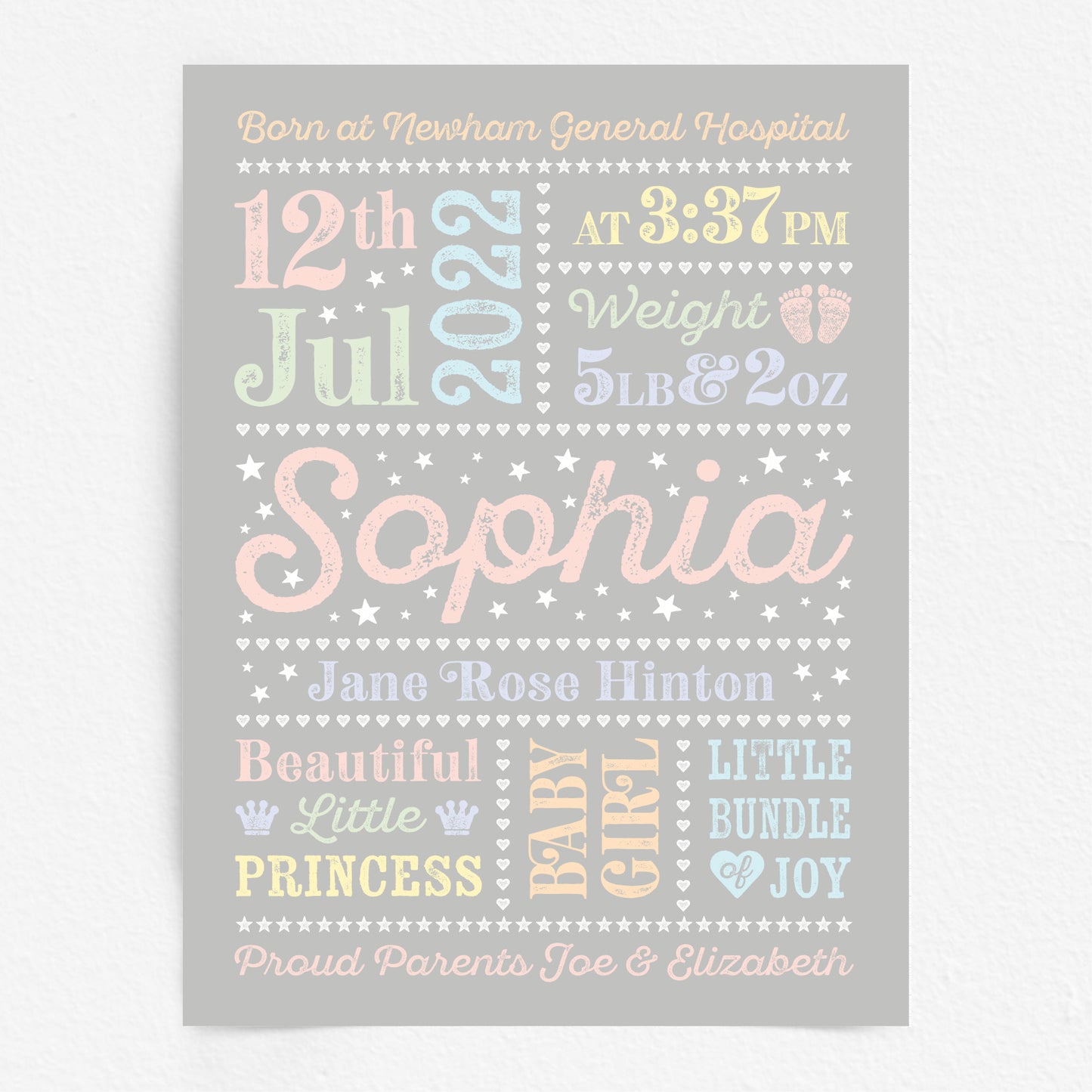 Custom Baby Print - Girl Retro Letterpress Stars