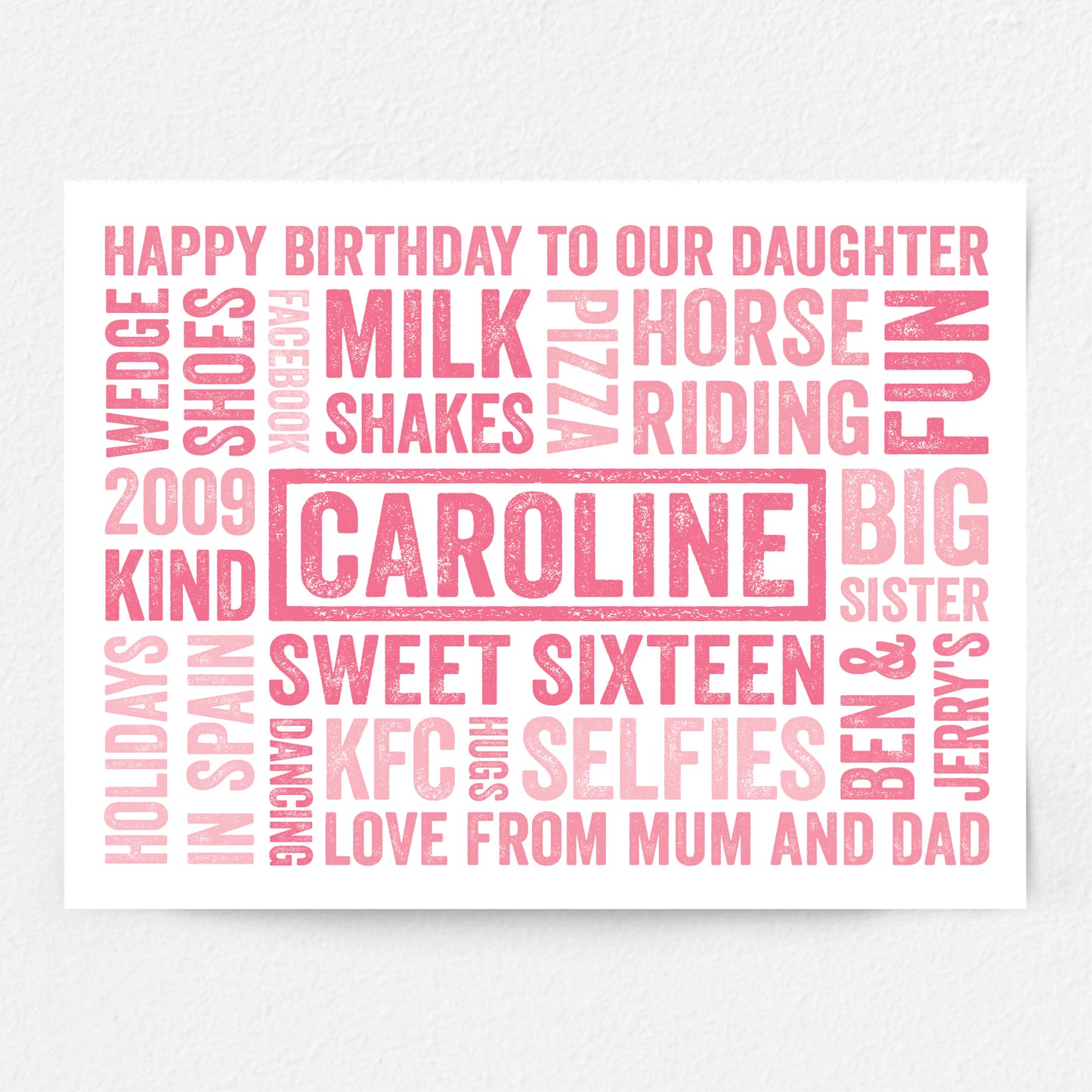 Personalised birthday word art print with pink text on a white background