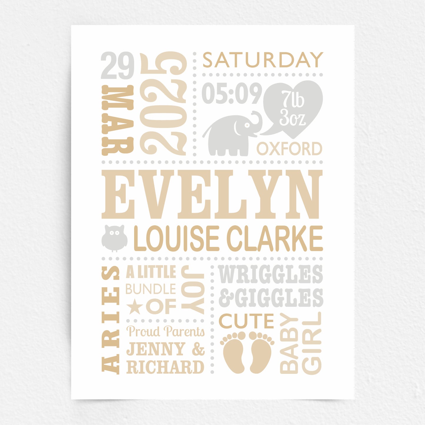 A Custom Baby Print featuring baby feet, little elephant, owl and heart. Personalised with the child's birth details. Neutral Colours Beige, Brown & Grey