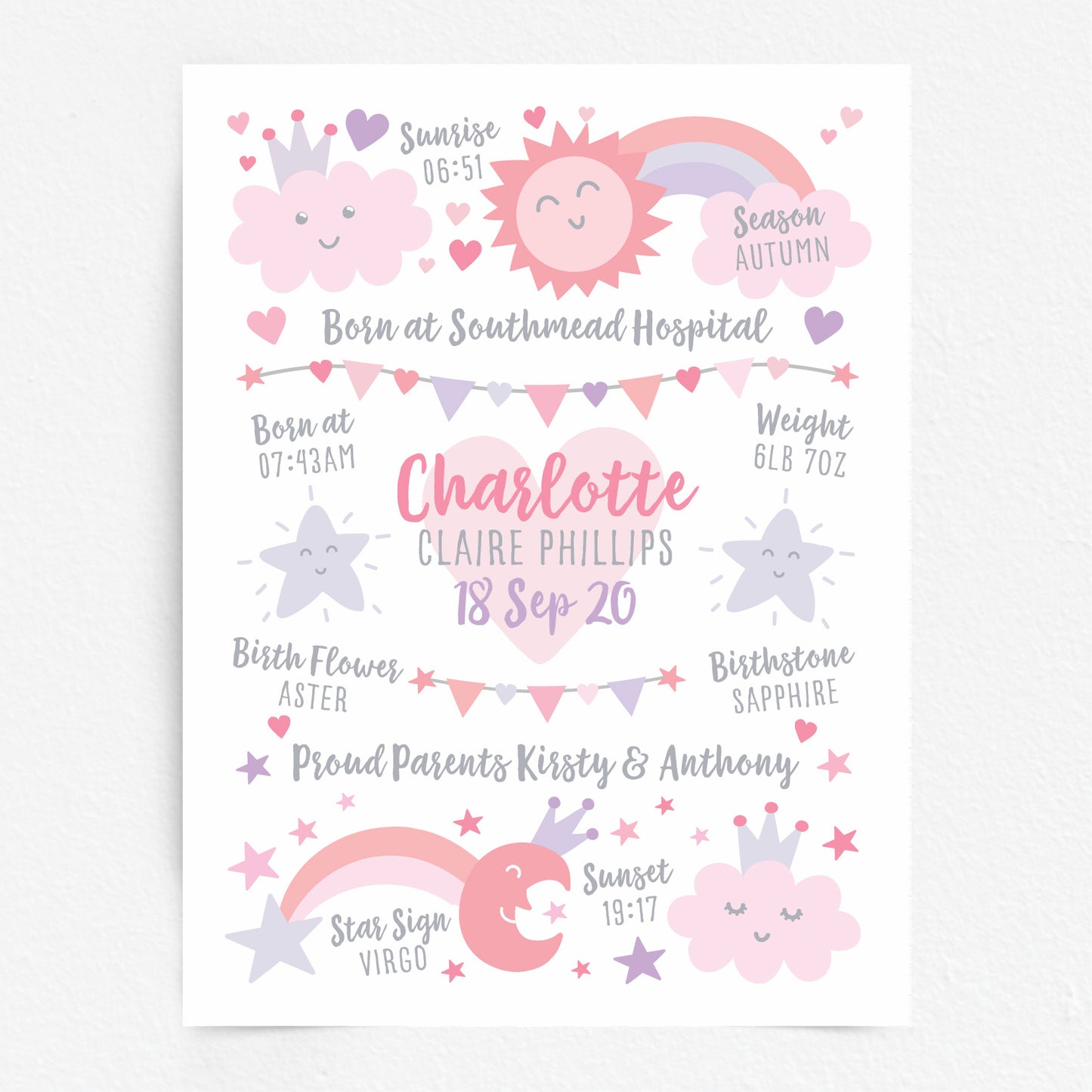 Custom Baby Print - Girl Rainbow Sun Moon Stars