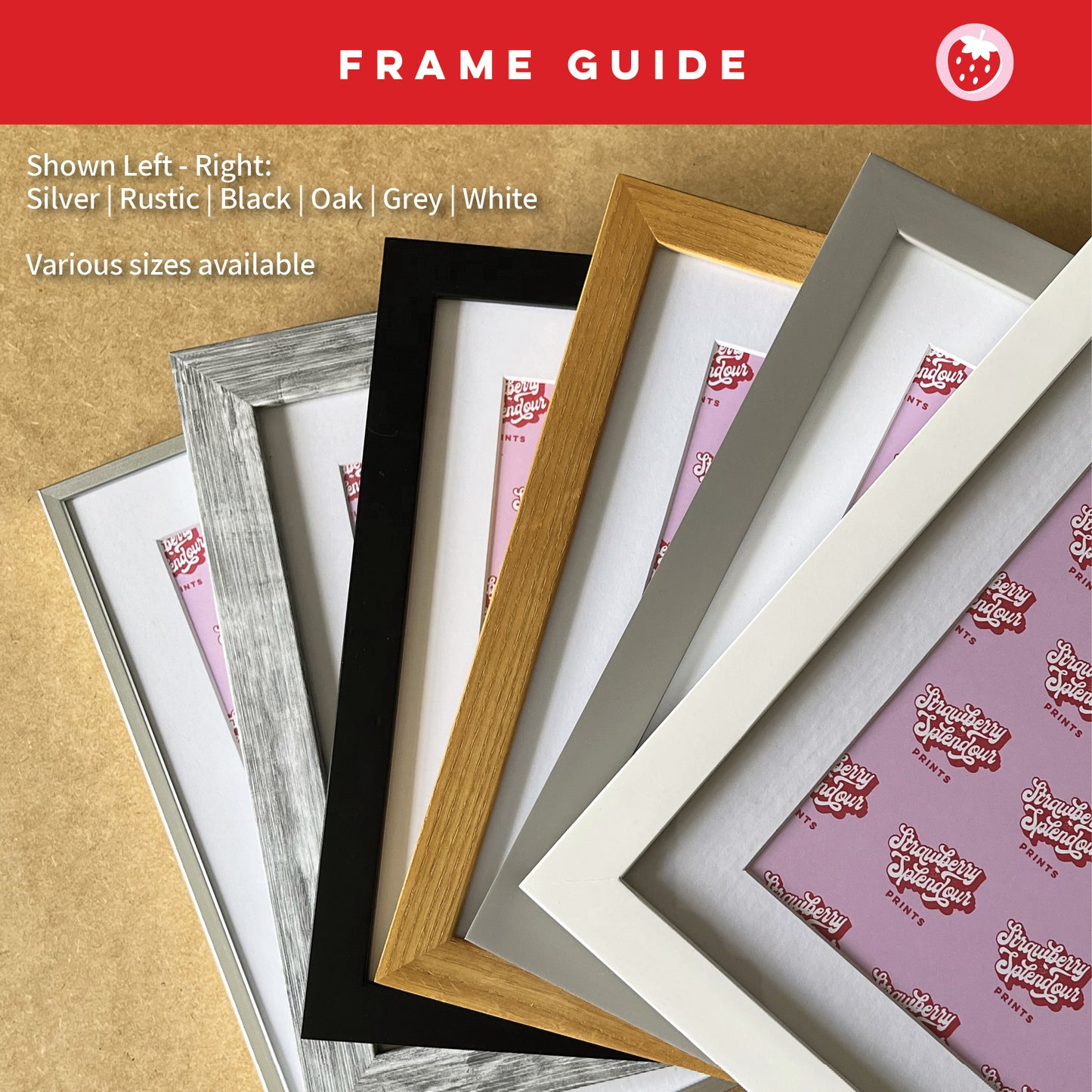 Collection of picture frames in various colors on a beige background with 'Frame Guide' text.