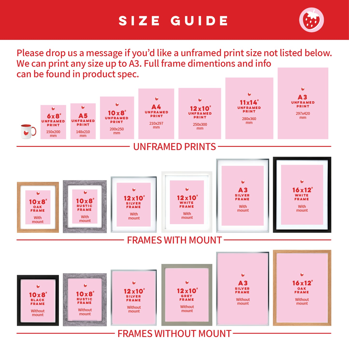 Size guide for unframed prints and framed prints with or without mount