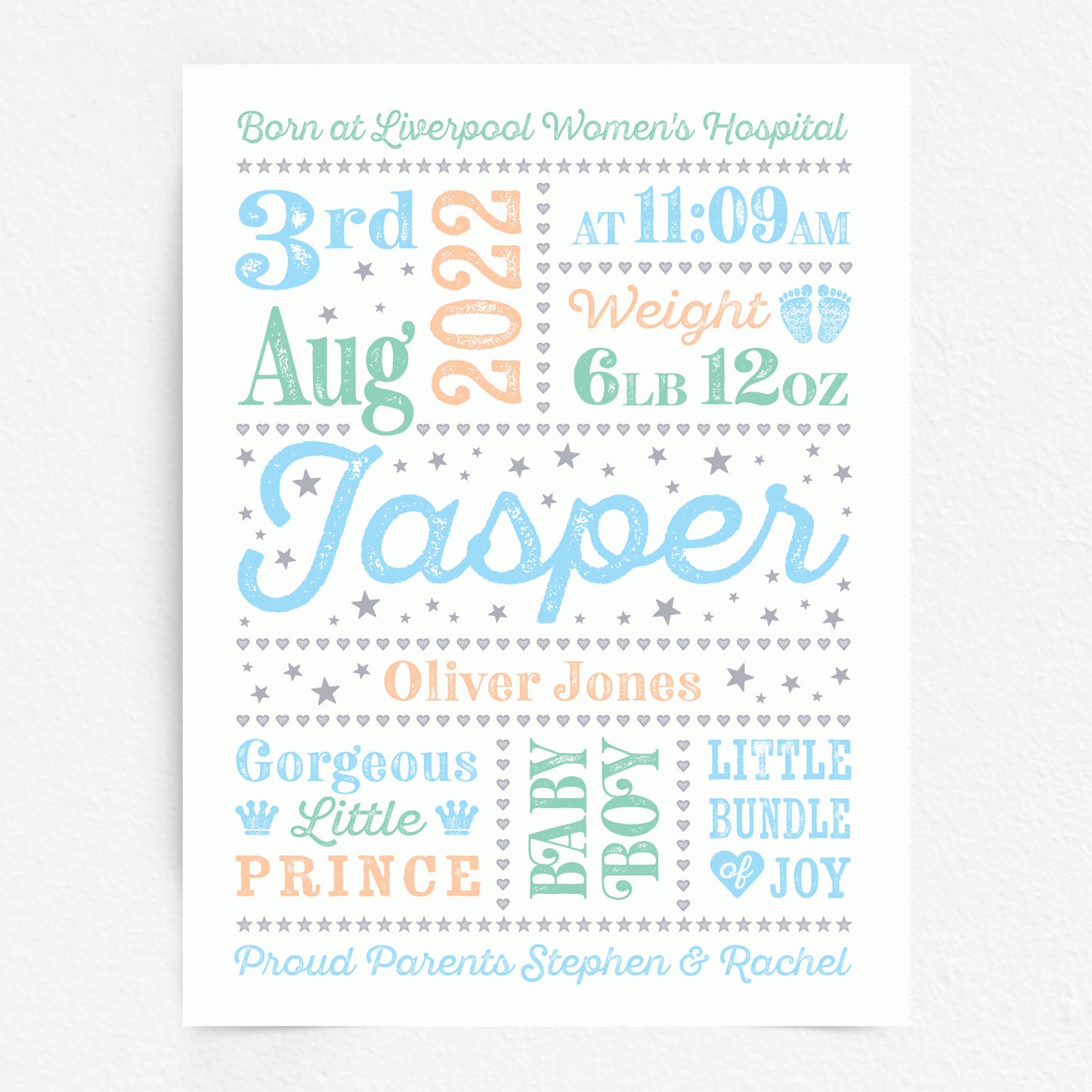 Custom Baby Print - Boy Retro Letterpress Stars