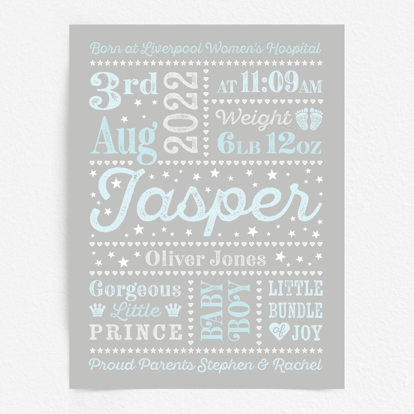 Custom Baby Print - Boy Retro Letterpress Stars
