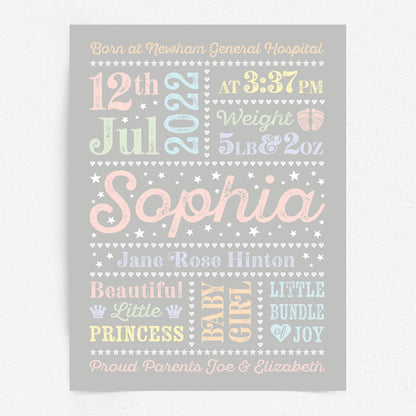 Custom Baby Print - Girl Retro Letterpress Stars