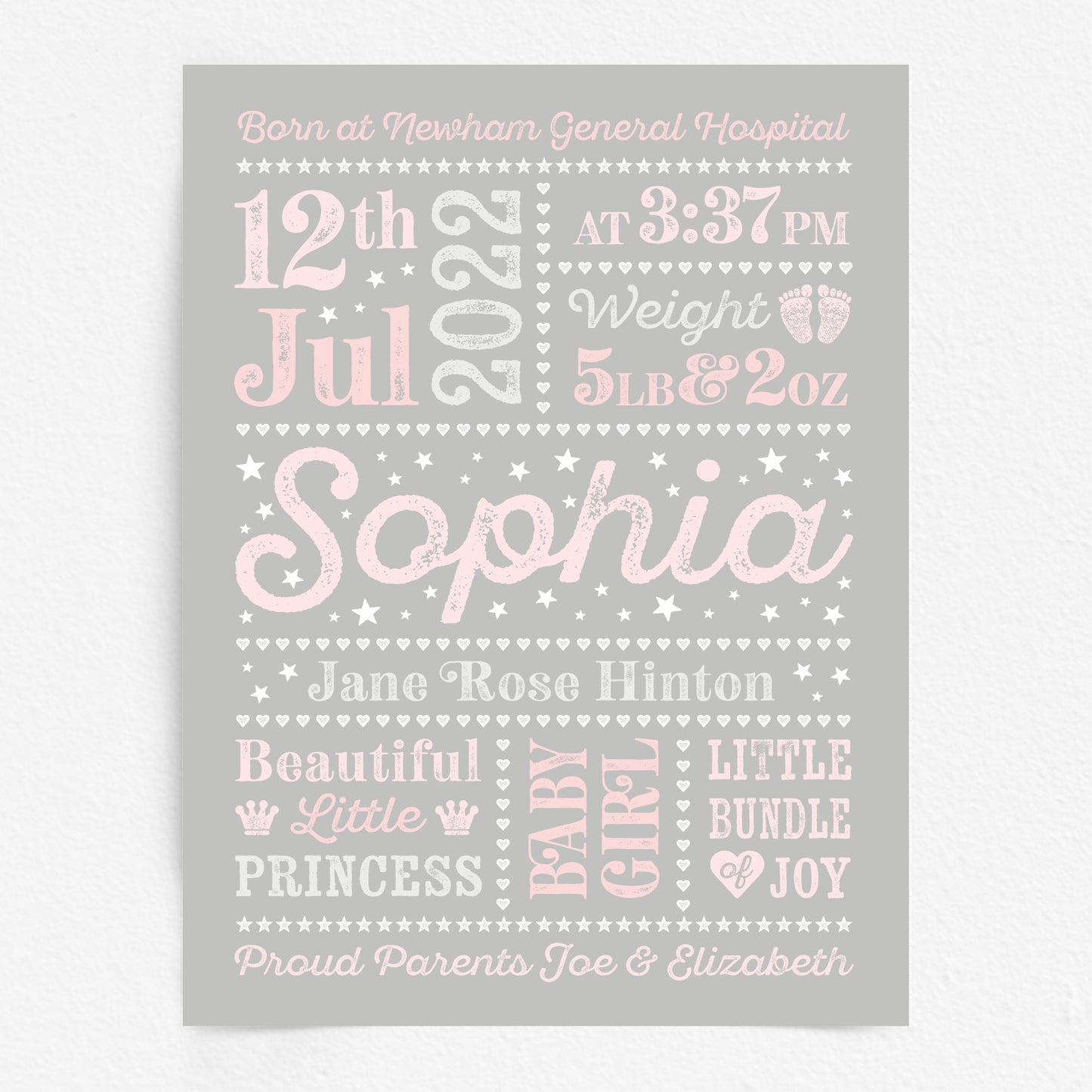 Custom Baby Print - Girl Retro Letterpress Stars