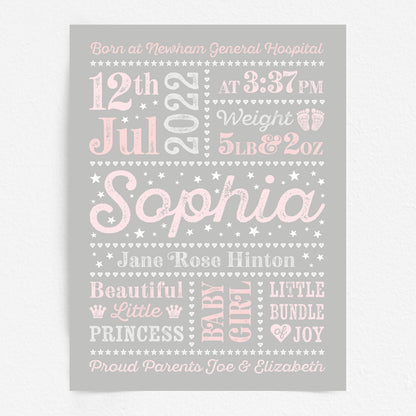 Custom Baby Print - Girl Retro Letterpress Stars