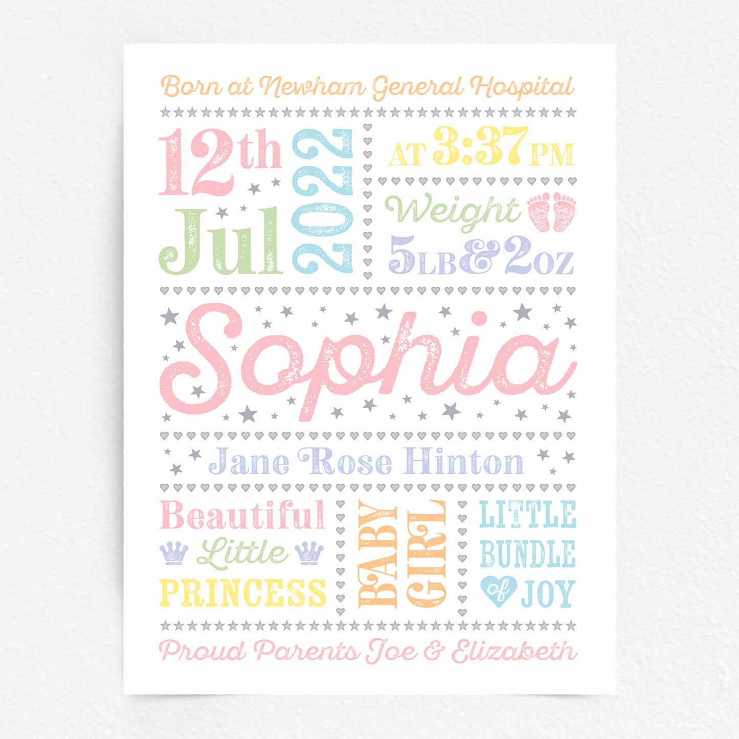 Custom Baby Print - Girl Retro Letterpress Stars