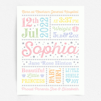 Custom Baby Print - Girl Retro Letterpress Stars