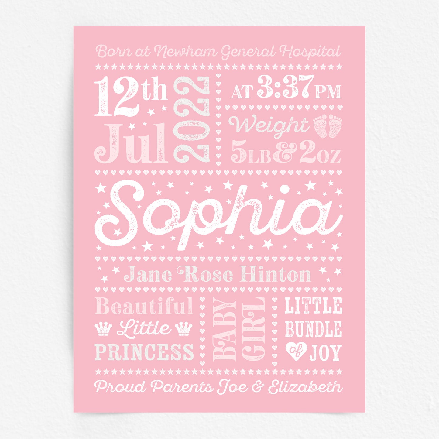 Custom Baby Print - Girl Retro Letterpress Stars