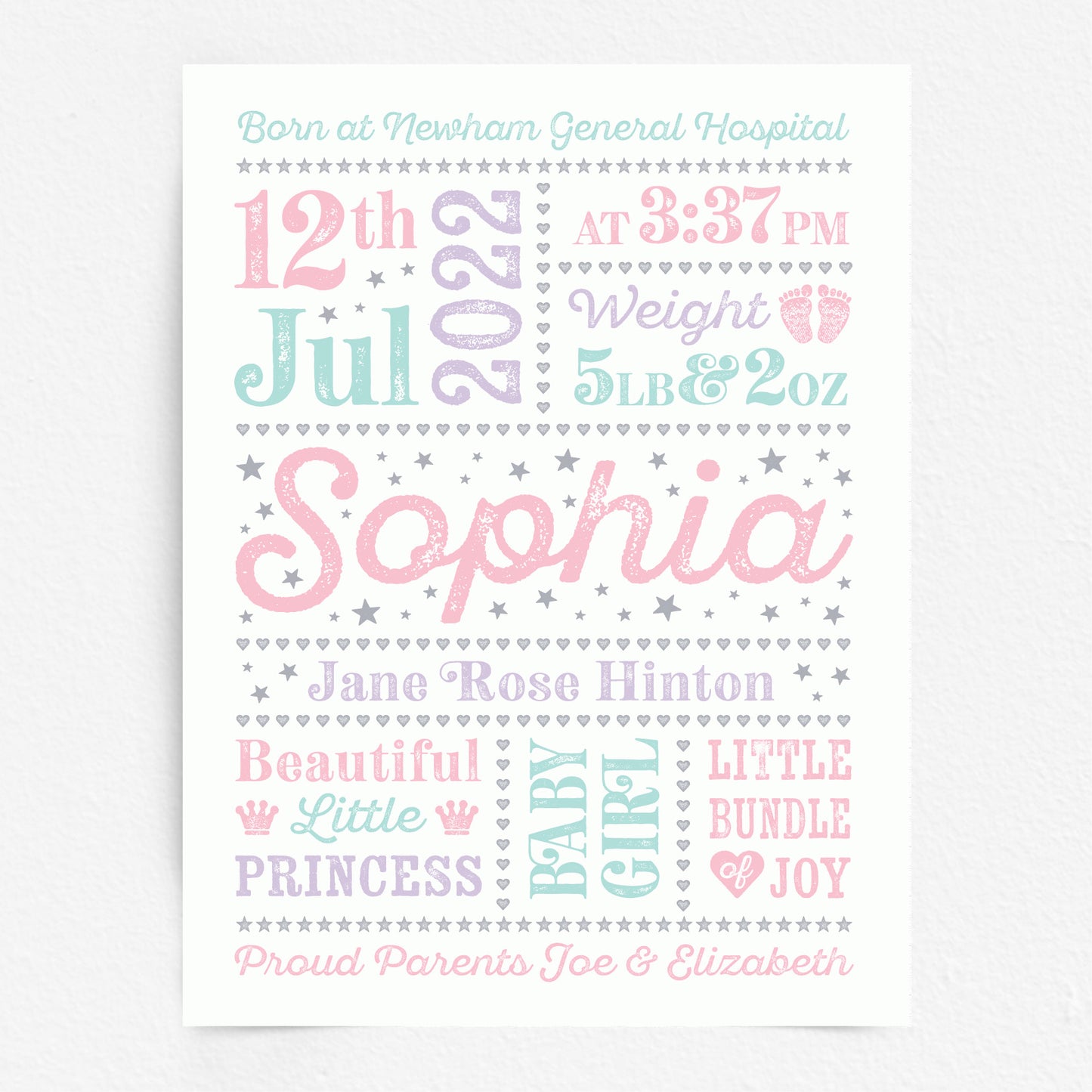Custom Baby Print - Girl Retro Letterpress Stars