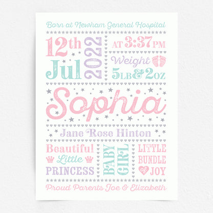 Custom Baby Print - Girl Retro Letterpress Stars