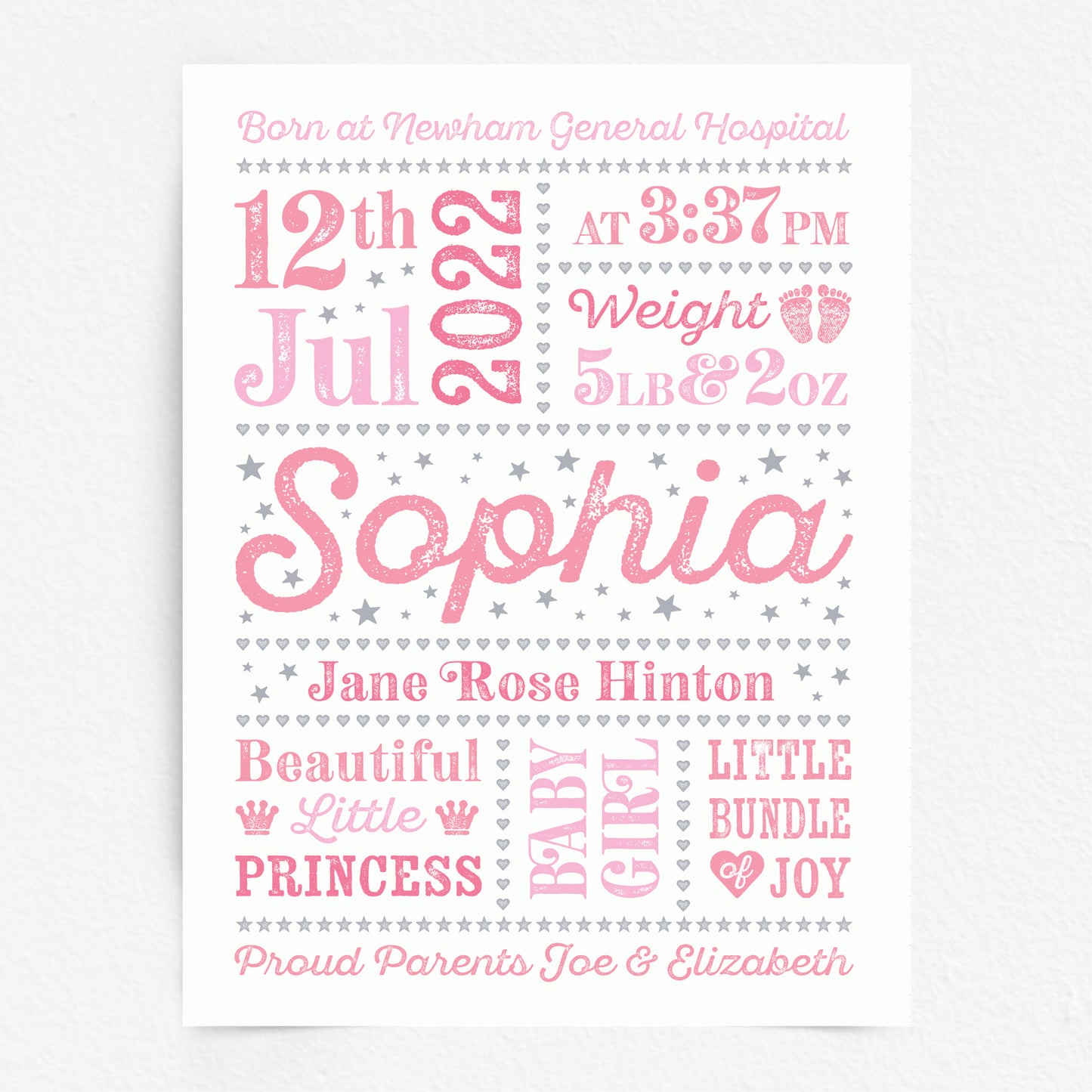 Custom Baby Print - Girl Retro Letterpress Stars