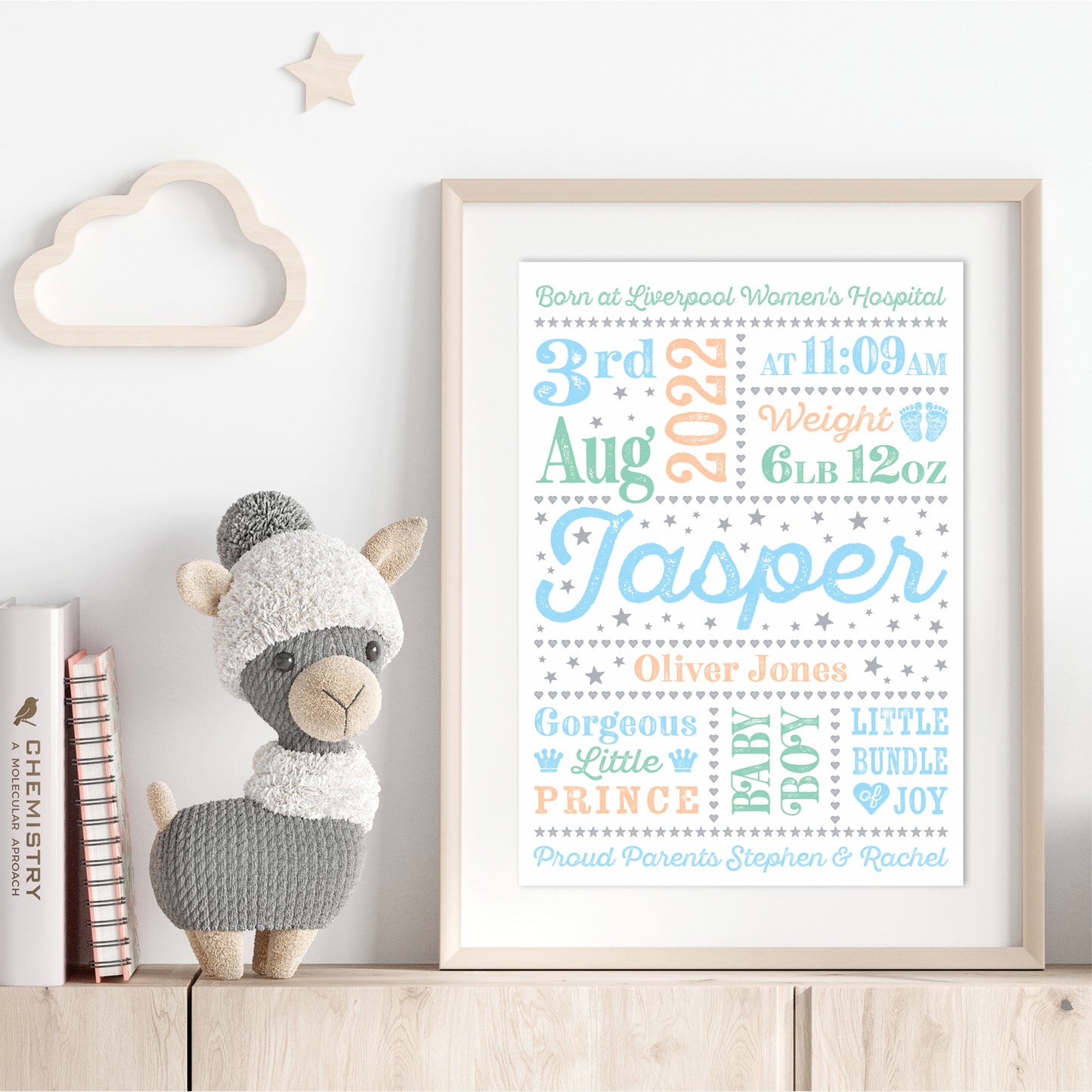Custom Baby Print - Boy Retro Letterpress Stars