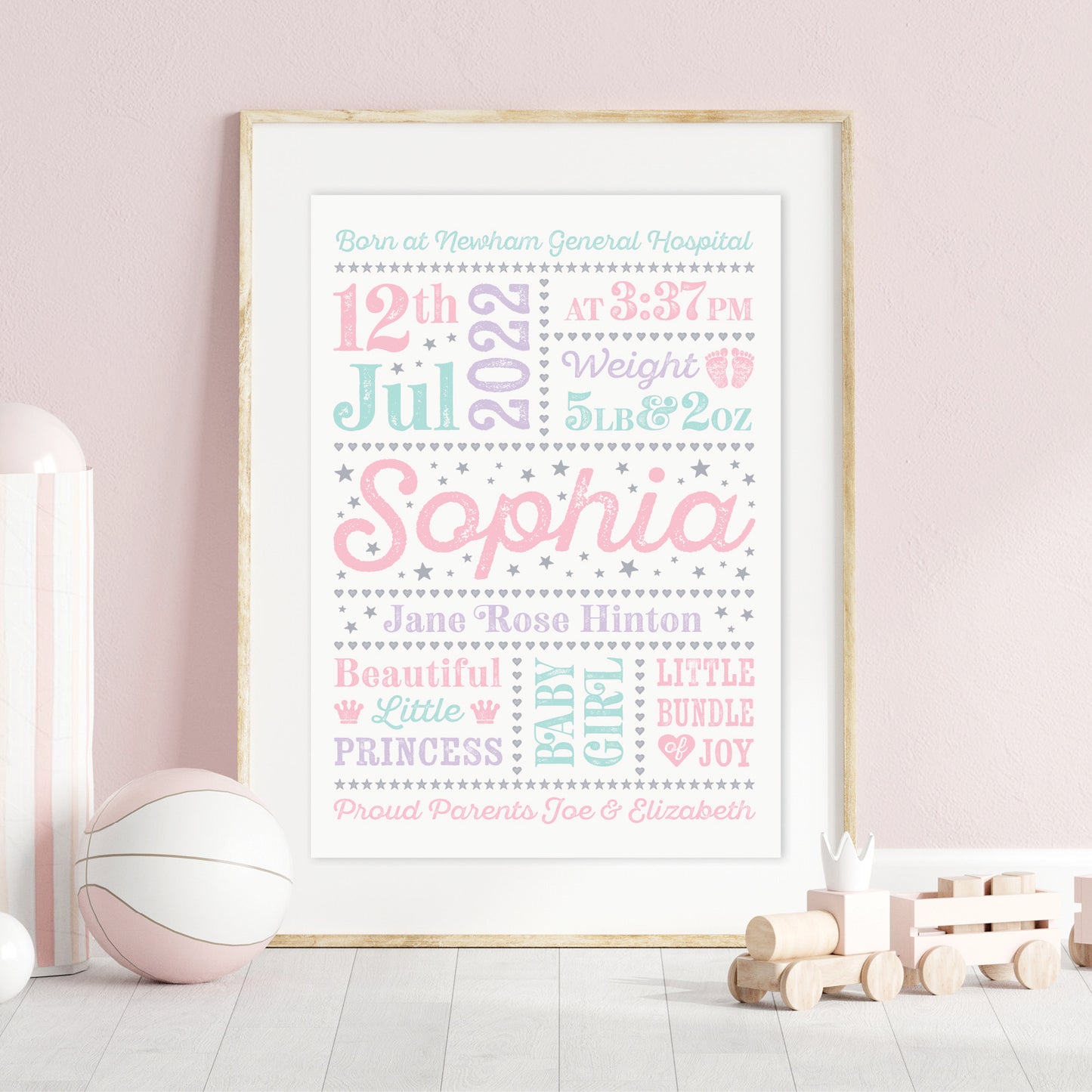 Custom Baby Print - Girl Retro Letterpress Stars