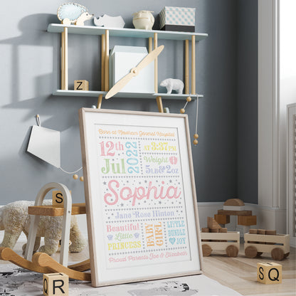Custom Baby Print - Girl Retro Letterpress Stars
