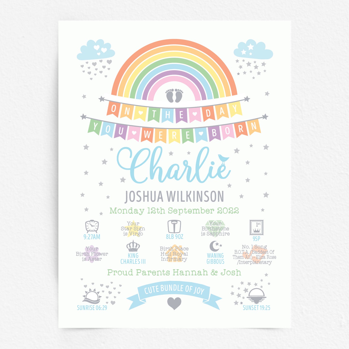 Custom Baby Print - Boy Rainbow Bunting