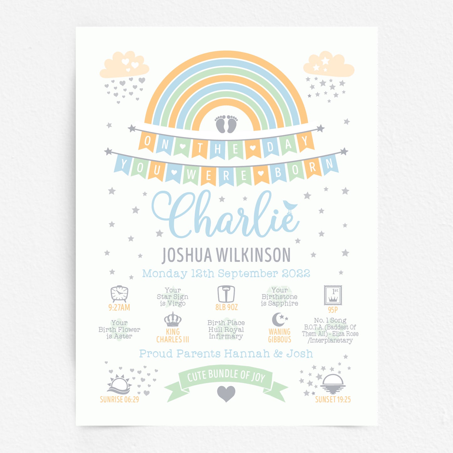 Custom Baby Print - Boy Rainbow Bunting
