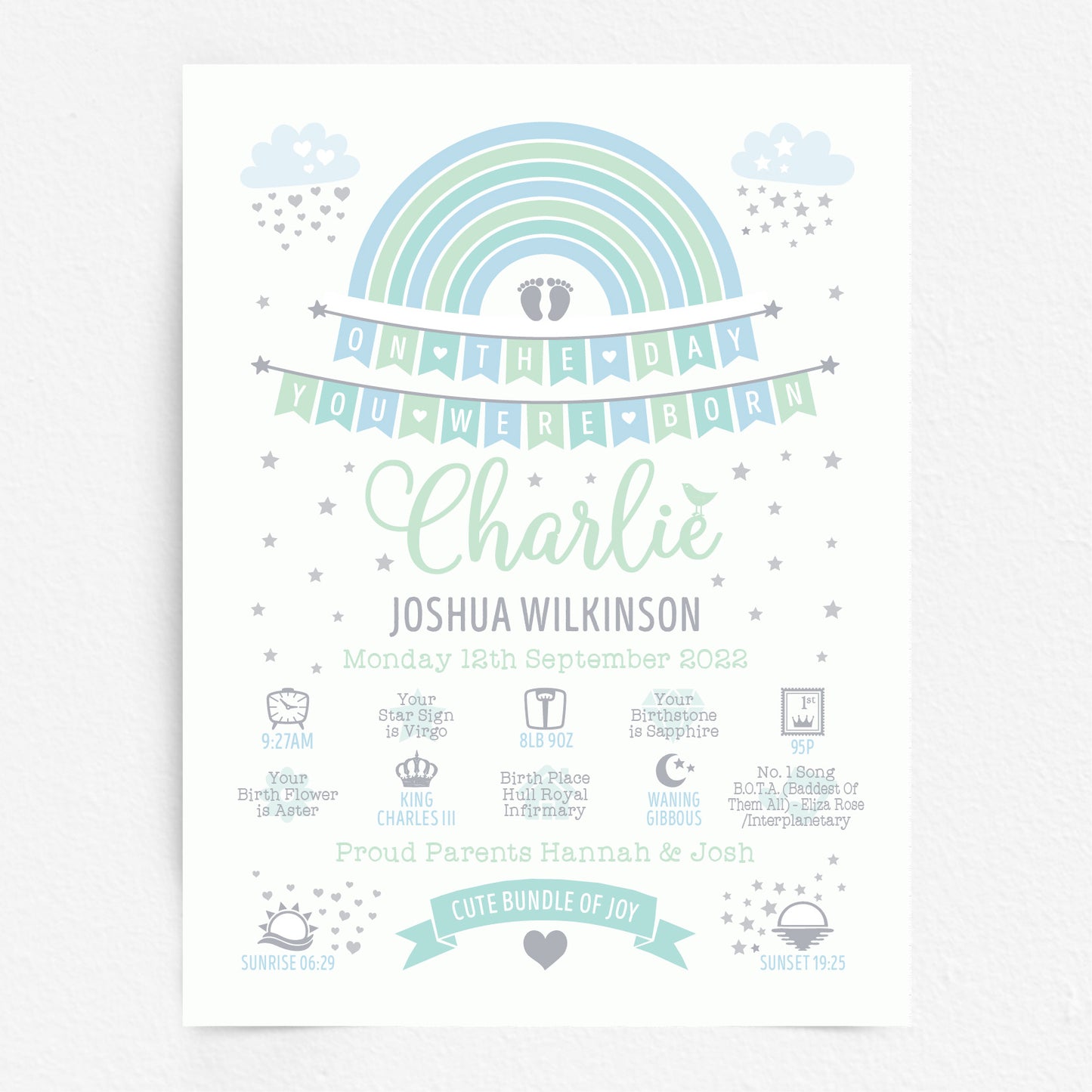 Custom Baby Print - Boy Rainbow Bunting