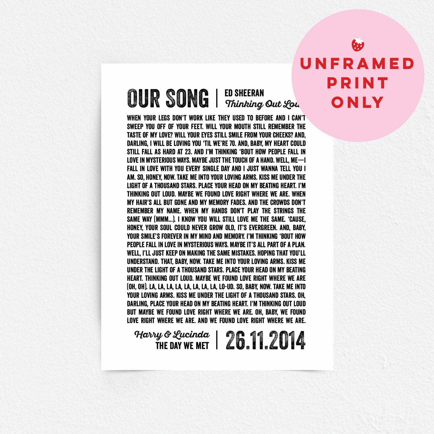 Custom Music Lover Print - Our Song Lyrics