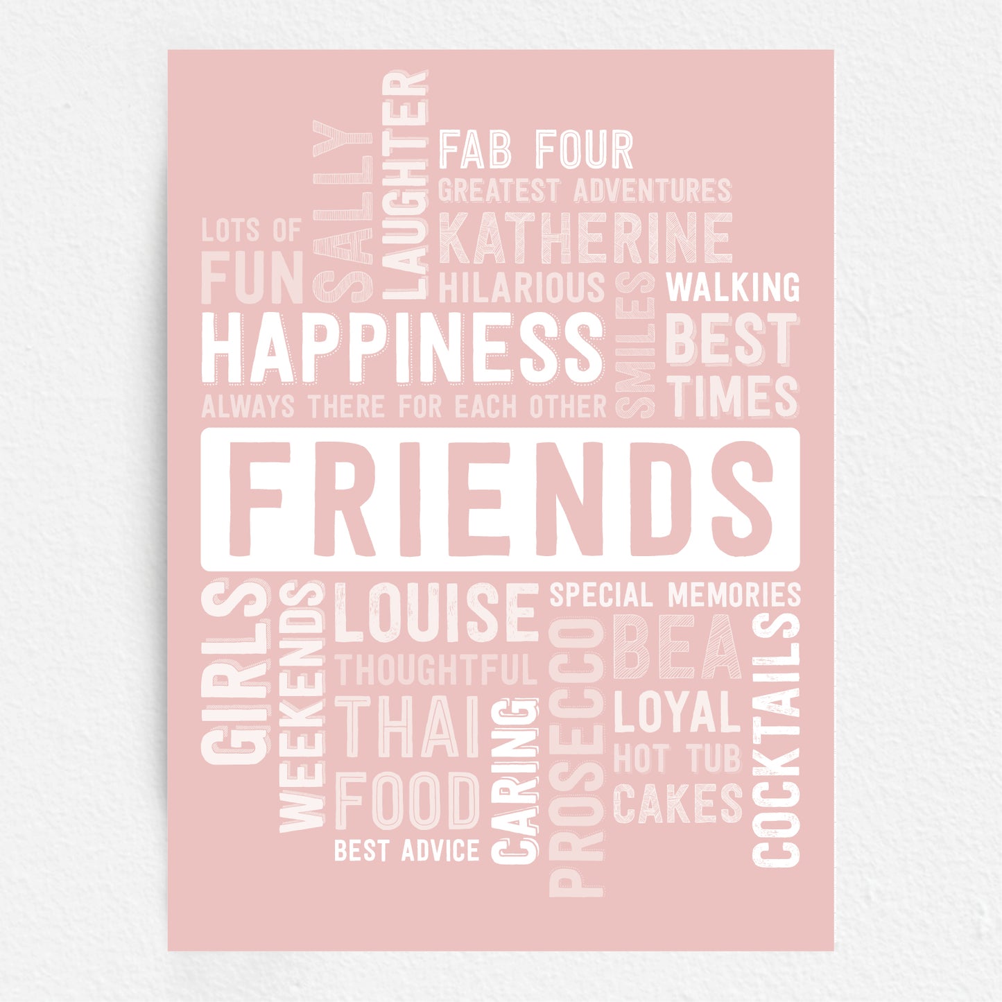 Pink friends word art poster with white text Custom friend gift