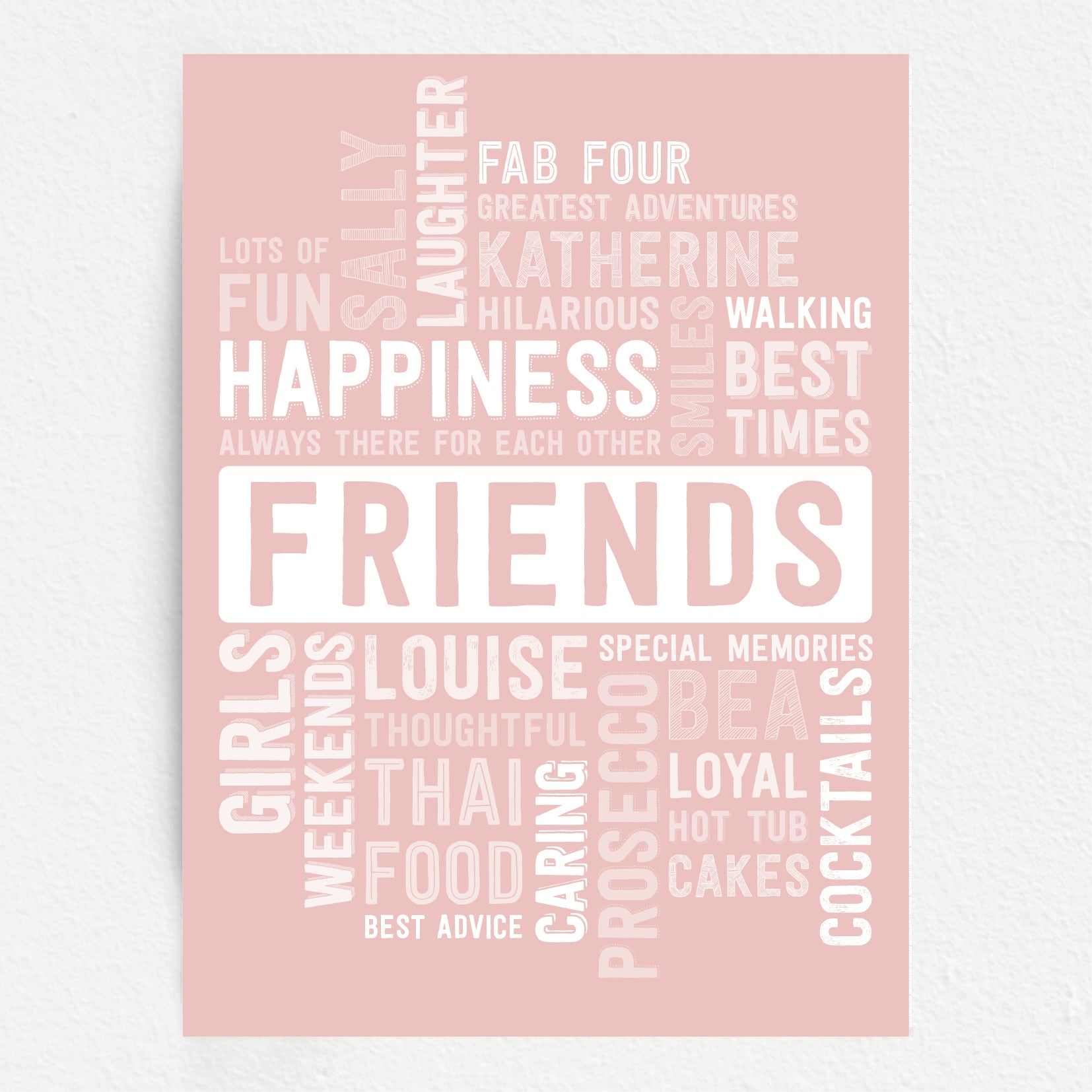 Pink friends word art poster with white text Custom friend gift