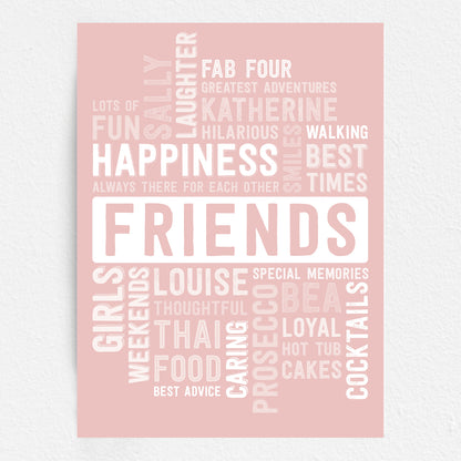 Pink friends word art poster with white text Custom friend gift