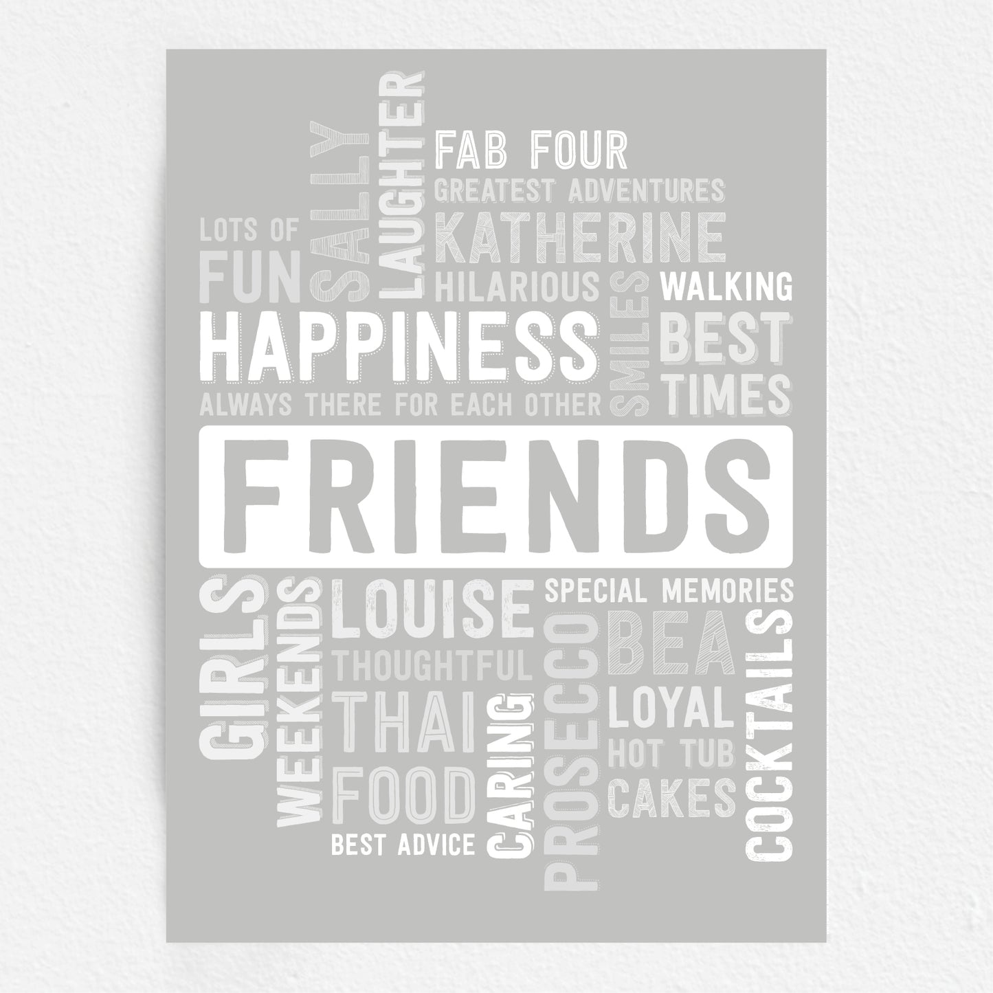 Gray poster with white text featuring words related to friends and friendship on a white background.