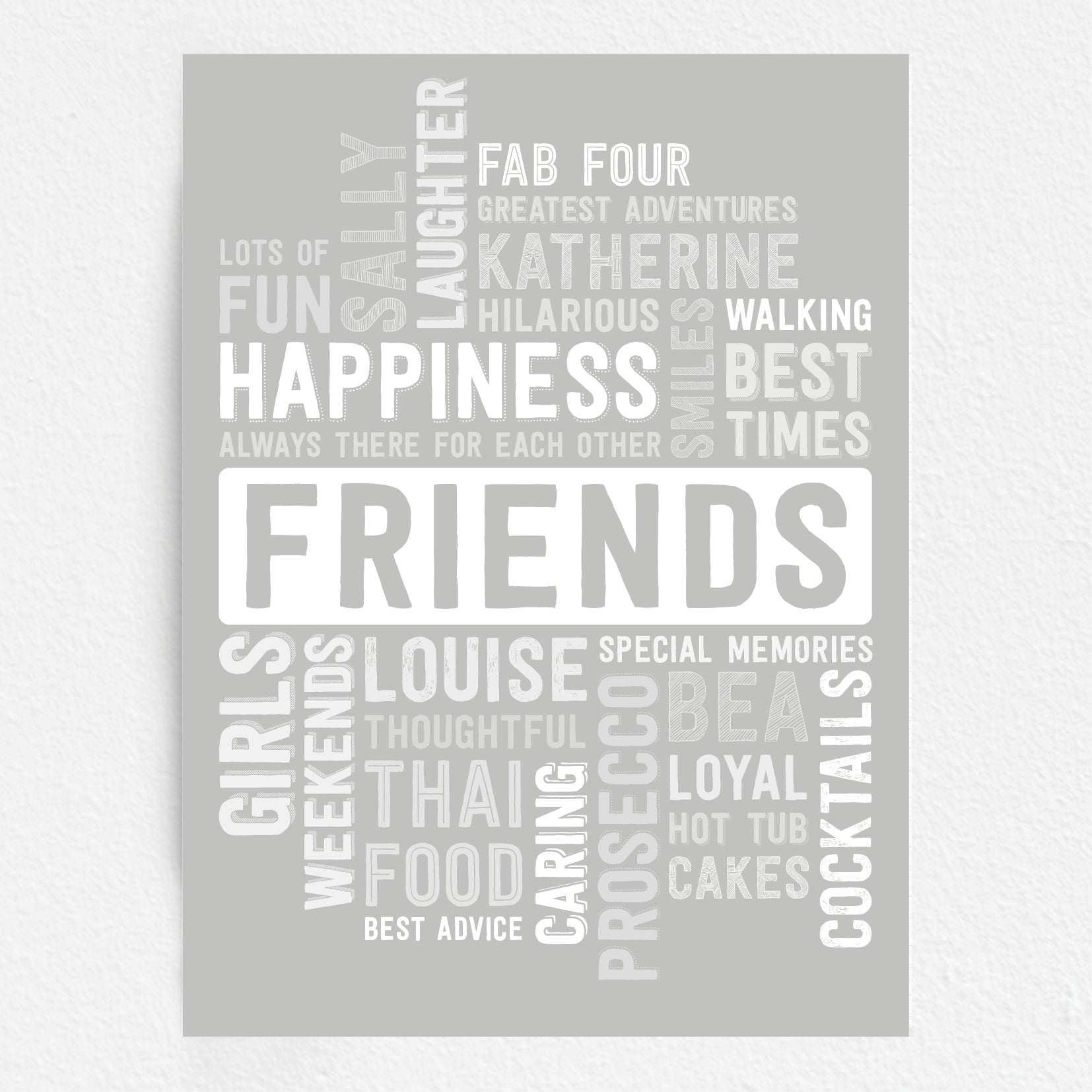 Gray poster with white text featuring words related to friends and friendship on a white background.