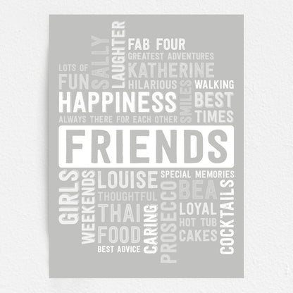 Gray poster with white text featuring words related to friends and friendship on a white background.