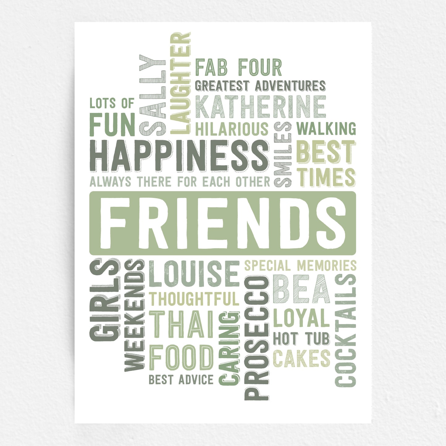 Friends word art Print with motivational phrases in a word cloud design green on a white background