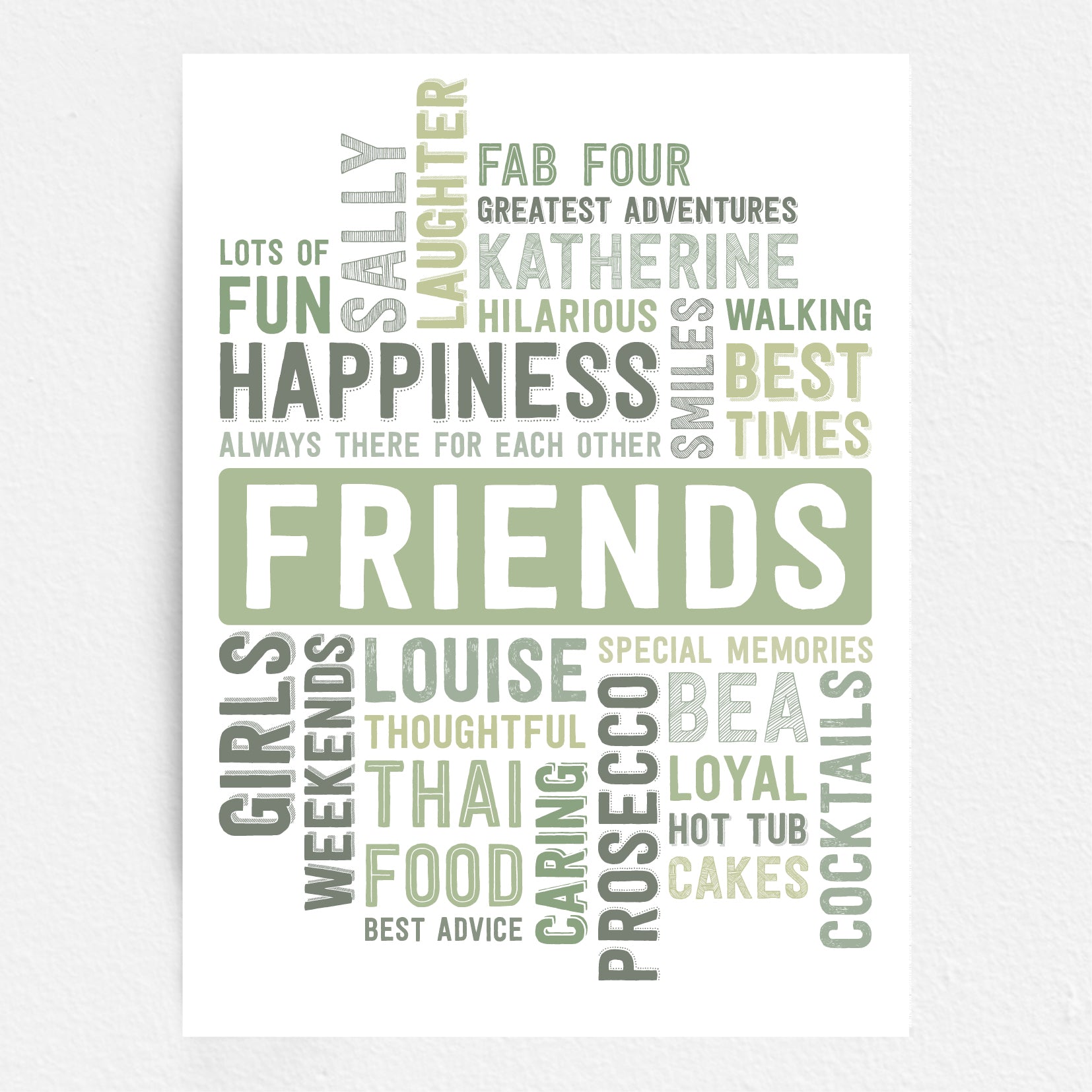Friends word art Print with motivational phrases in a word cloud design green on a white background