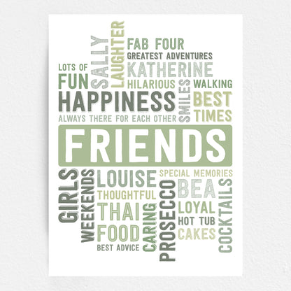 Friends word art Print with motivational phrases in a word cloud design green on a white background