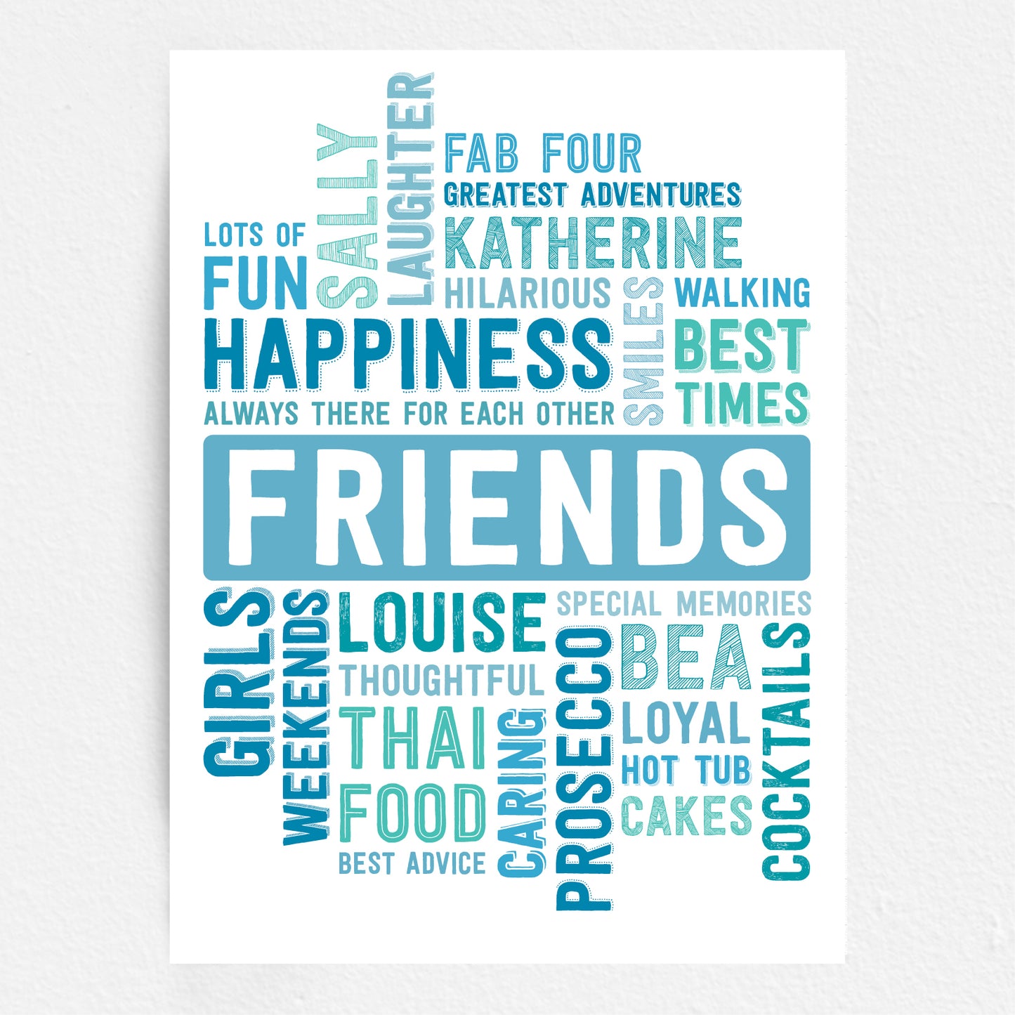 Word cloud poster with friends-related terms on a white background