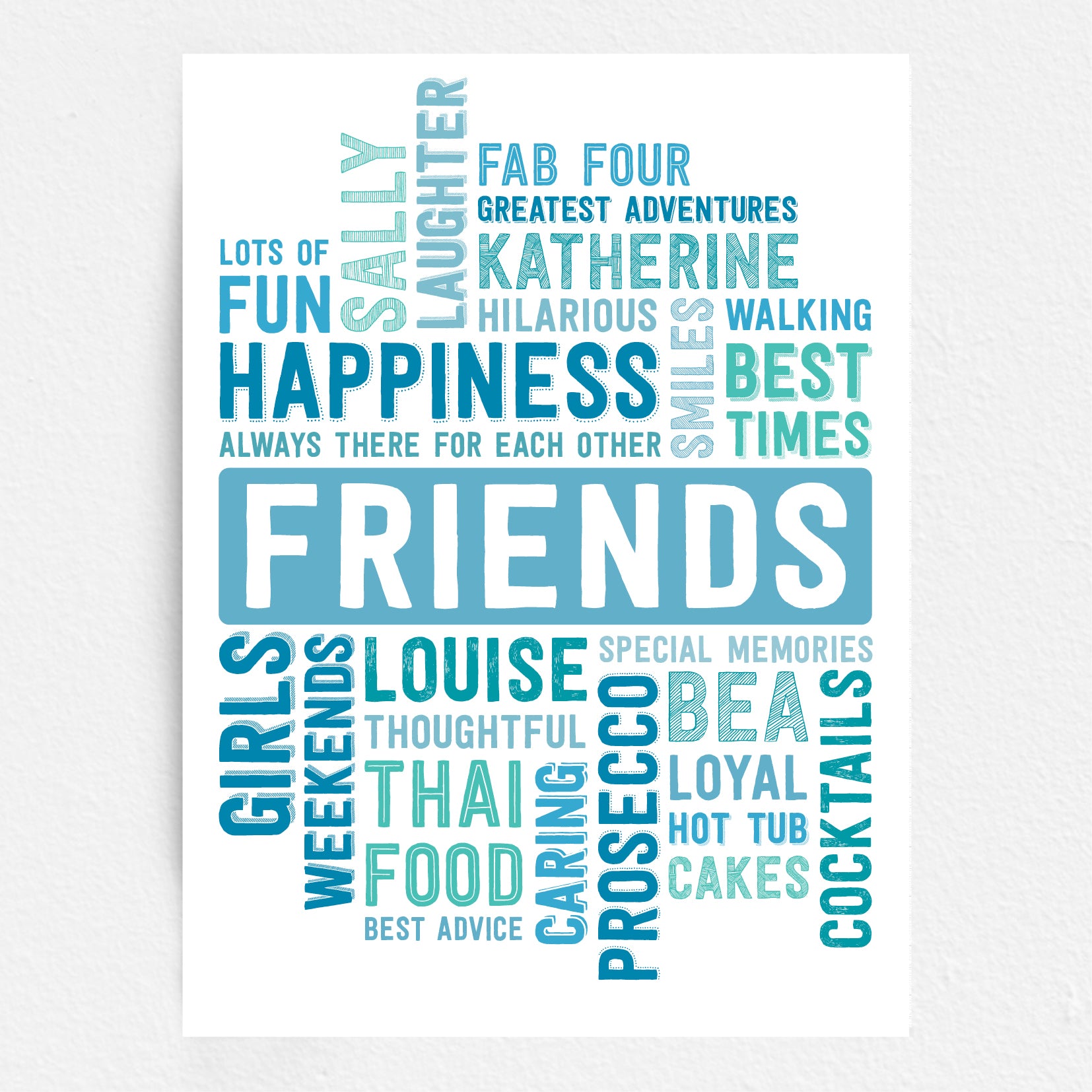 Word cloud poster with friends-related terms on a white background