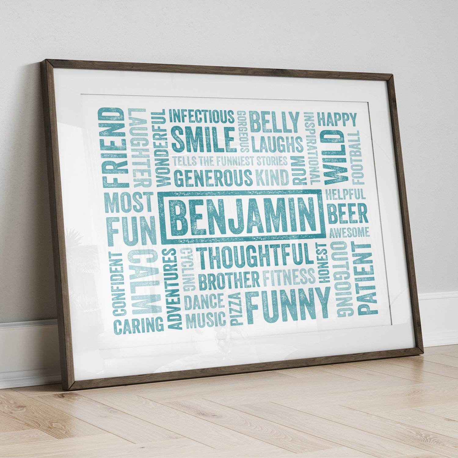 Framed print with personalised name word art on a white wall.