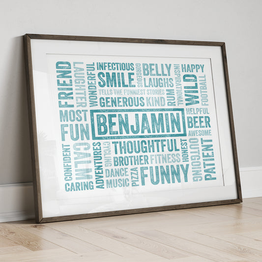 Framed print with personalised name word art on a white wall.