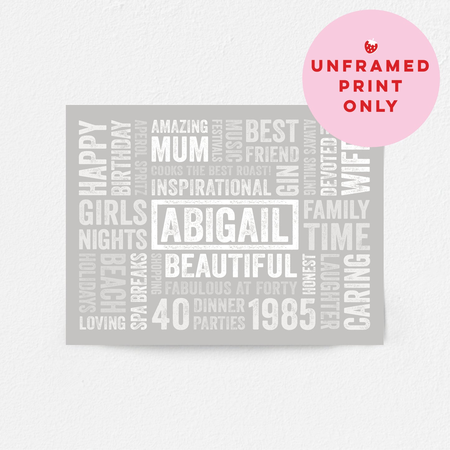 Unframed print with personalised word art text on a light gray background