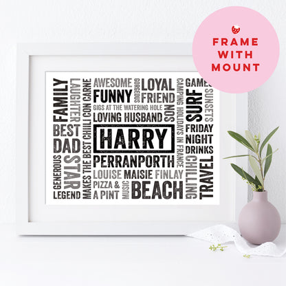 Framed print with personalized text on a white surface with a pink vase and plant.