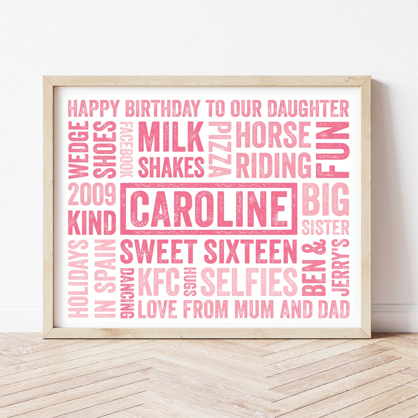 Framed name word art  print with personalised words and phrases on a white wall.
