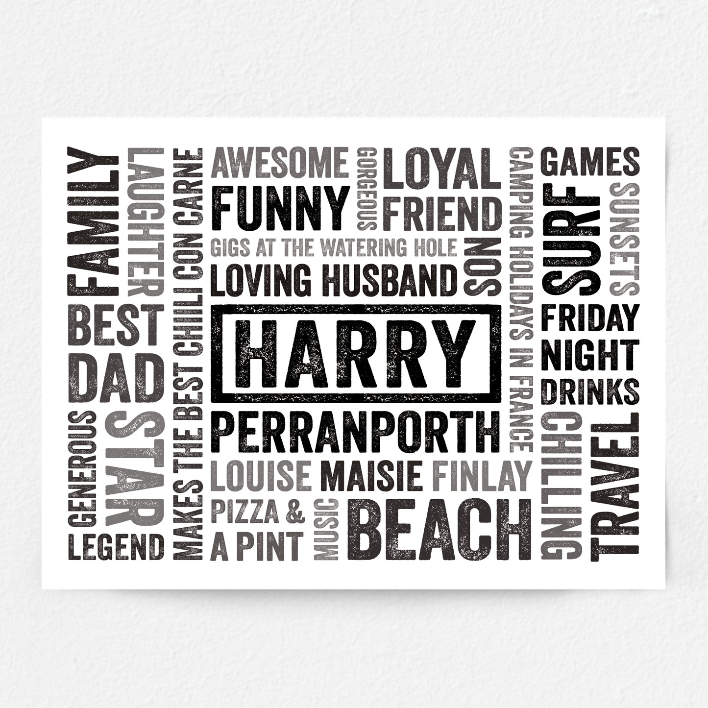 Personalised word cloud poster with names and phrases on a white background