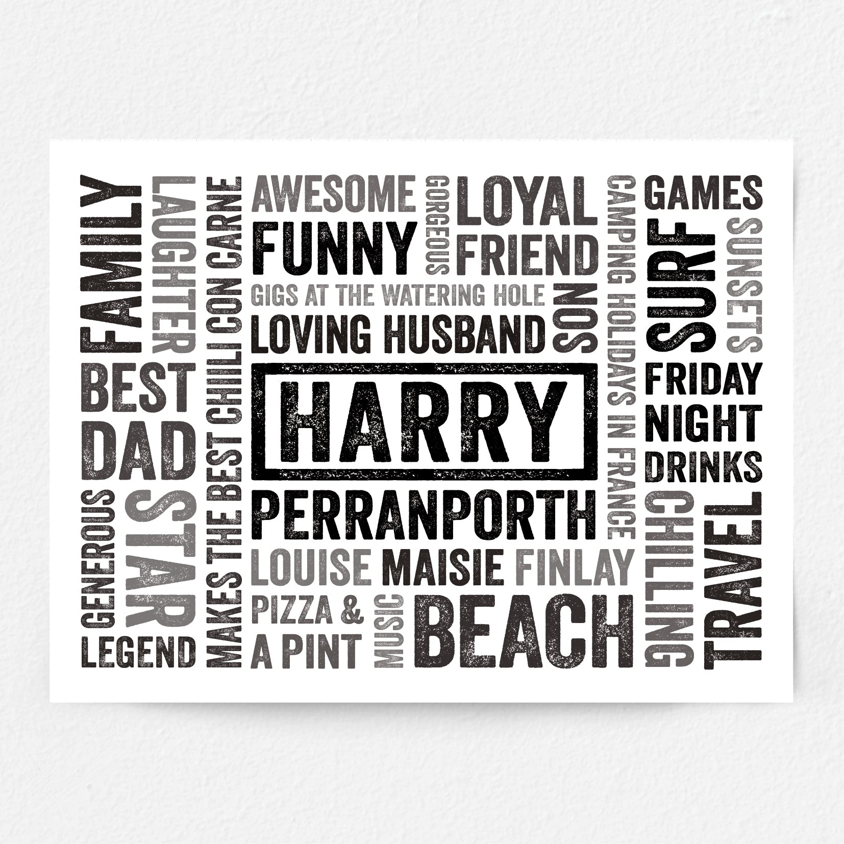 Personalised word cloud poster with names and phrases on a white background