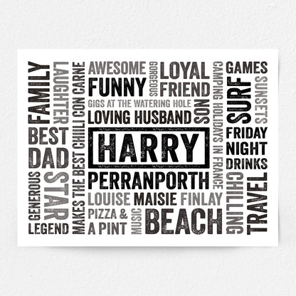 Personalised word cloud poster with names and phrases on a white background