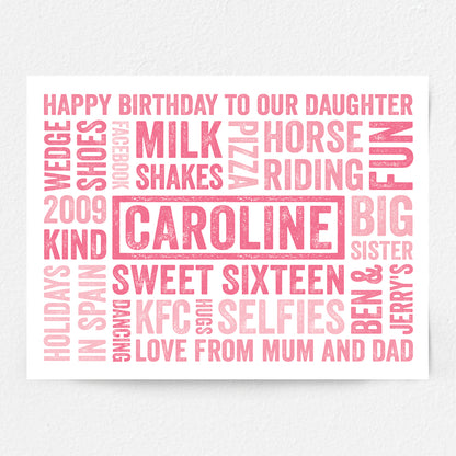 Personalised birthday word art print with pink text on a white background