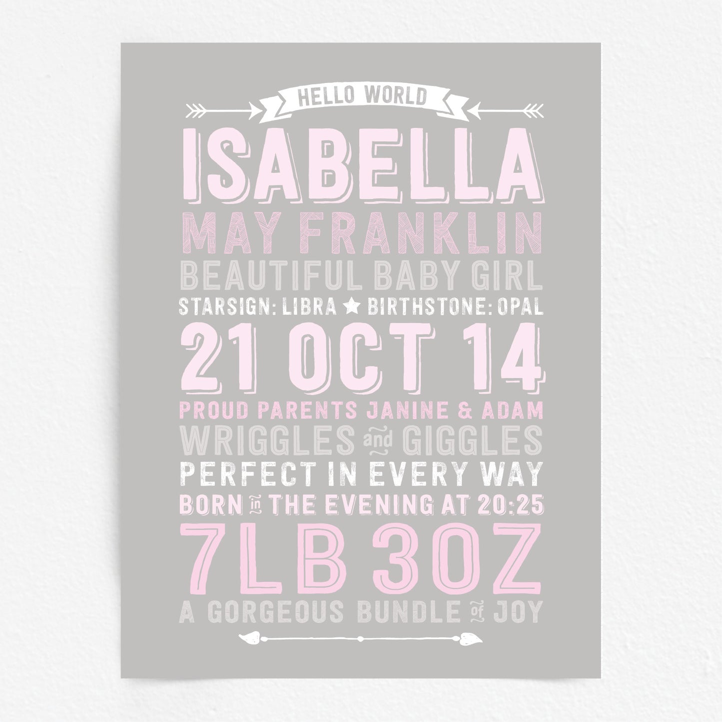 Custom Baby Print - Girl Hello World