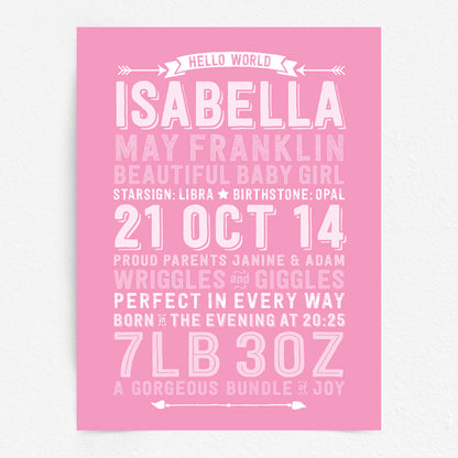 Custom Baby Print - Girl Hello World