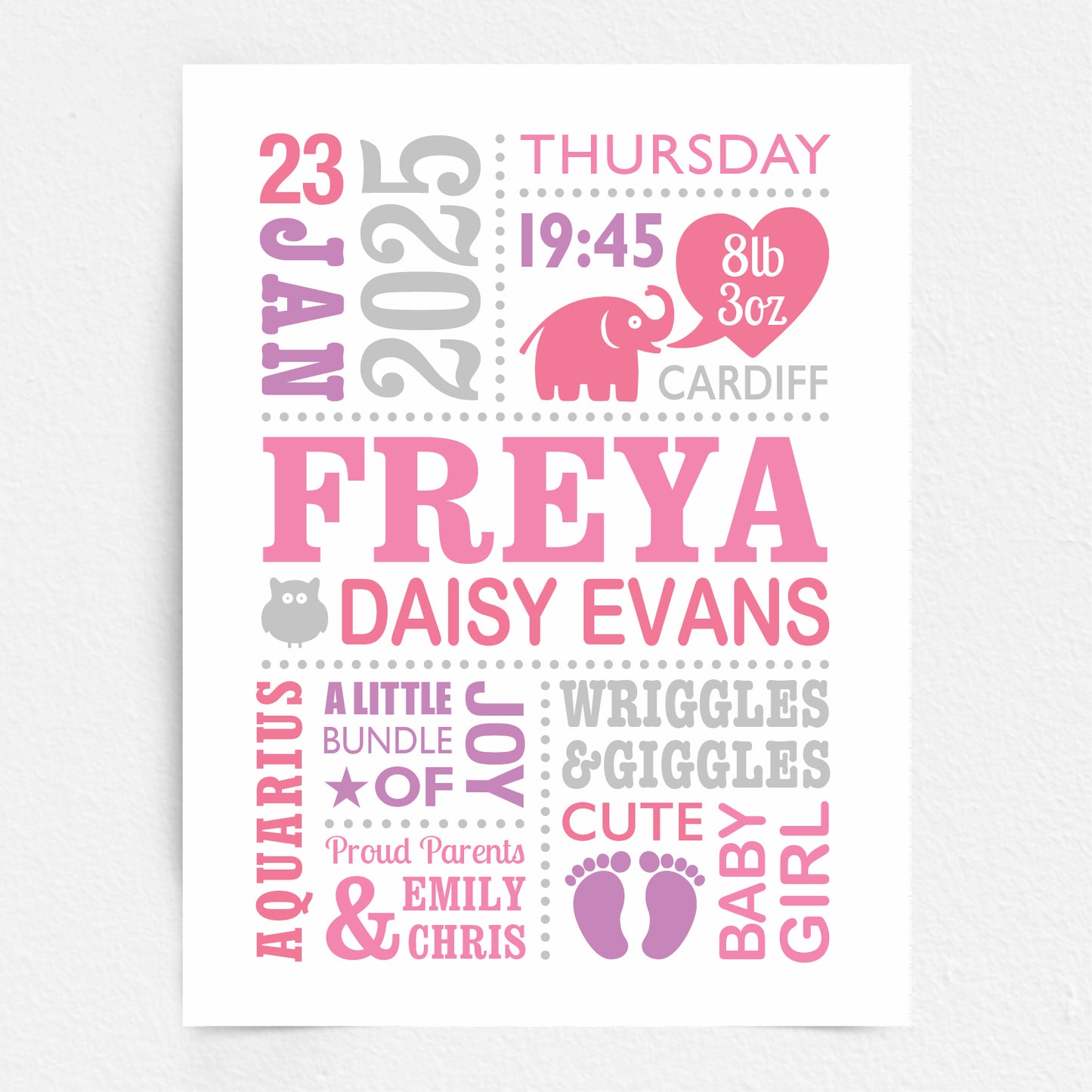A Custom Baby Print featuring baby feet, little elephant, owl  and heart. Personalised with the child's birth details. Pink, Violet & Grey