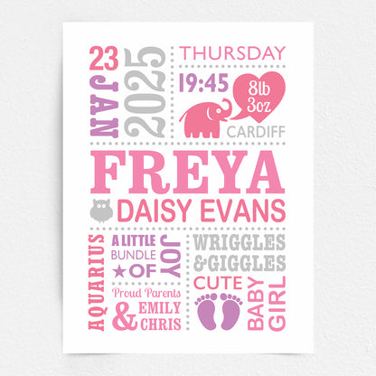 A Custom Baby Print featuring baby feet, little elephant, owl  and heart. Personalised with the child's birth details. Pink, Violet & Grey