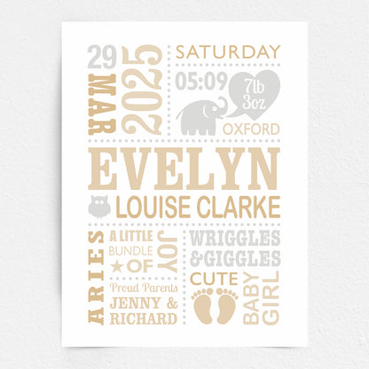 A Custom Baby Print featuring baby feet, little elephant, owl  and heart. Personalised with the child's birth details. Neutral Colours Beige, Brown & Grey
