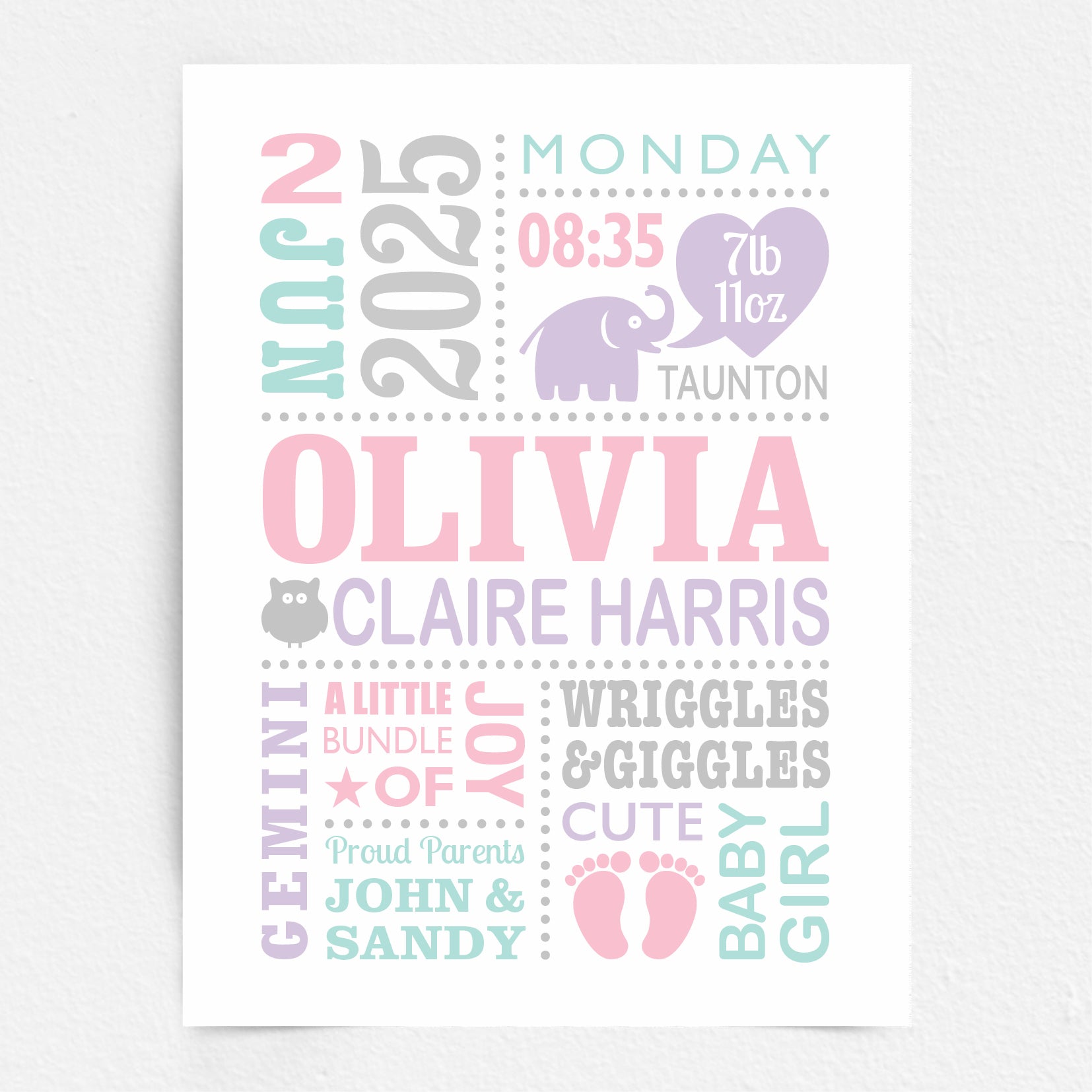 A Custom Baby Print featuring baby feet, little elephant, owl  and heart. Personalised with the child's birth details. Pink, Mint, Lilac & Grey